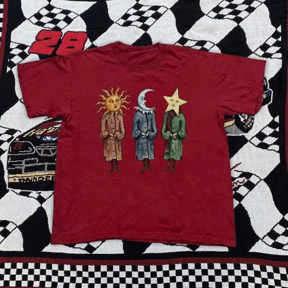 Red Graphic Tee With Unique Sun, Moon, And Star